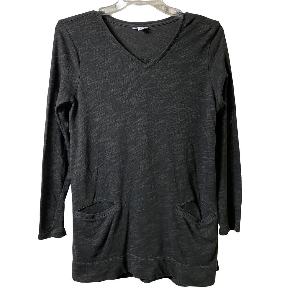 J Jill Long Sleeve Charcoal Gray Marled Gray V Neck Top with Pockets Sz M (2567)
